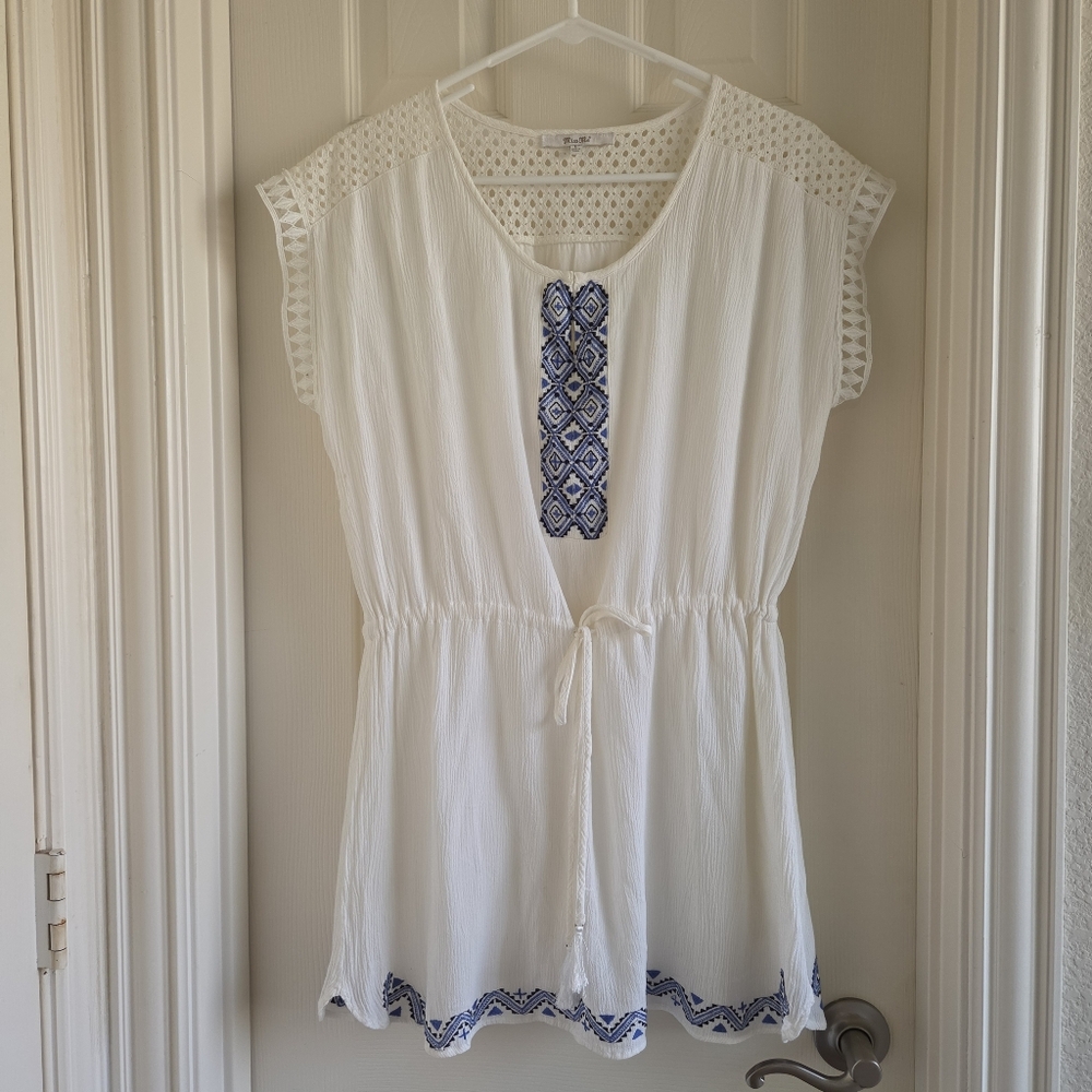 Miss Me Boho White Embroidered‎ Tunic Dress Swim Coverup Crochet Lace Size Large